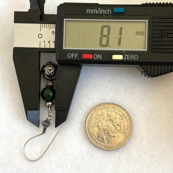 Sterling Silver 925 Round Beaded Nephrite Oxidized Scrollwork Dangle Earrings - Picture 14 of 16